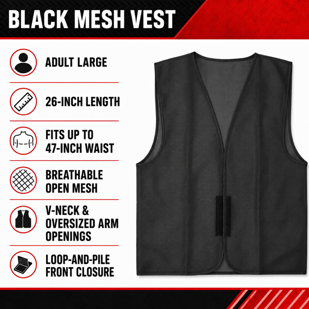 Black Mesh Safety Vest, Non-Reflective Customizable Adult Large Identification Vest, 26 Inch Length, Fits Up to 47 Inch Waist, Hook-and-Loop Closure