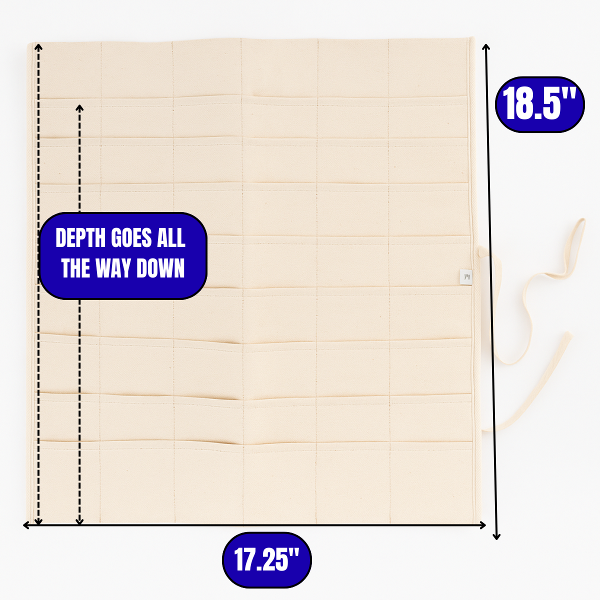 Canvas Roll Up Tool Bag – 18” x 18” – 48-Pocket Organizer for Paint Brushes, Pens, Tweezers & Craft Tools – 9-Tier Multi-Pocket Design, Durable 10 oz Cotton Canvas, Natural Color