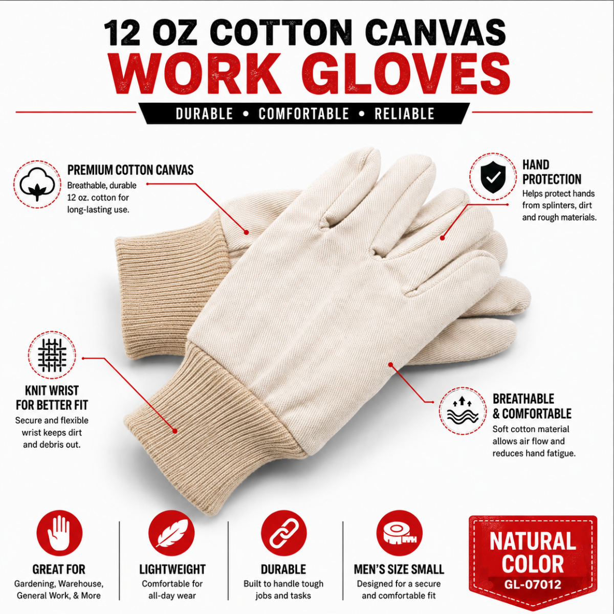 Men's 12 oz Cotton Canvas Work Gloves with Knit Wrist, Natural Color - Small - GL-07012