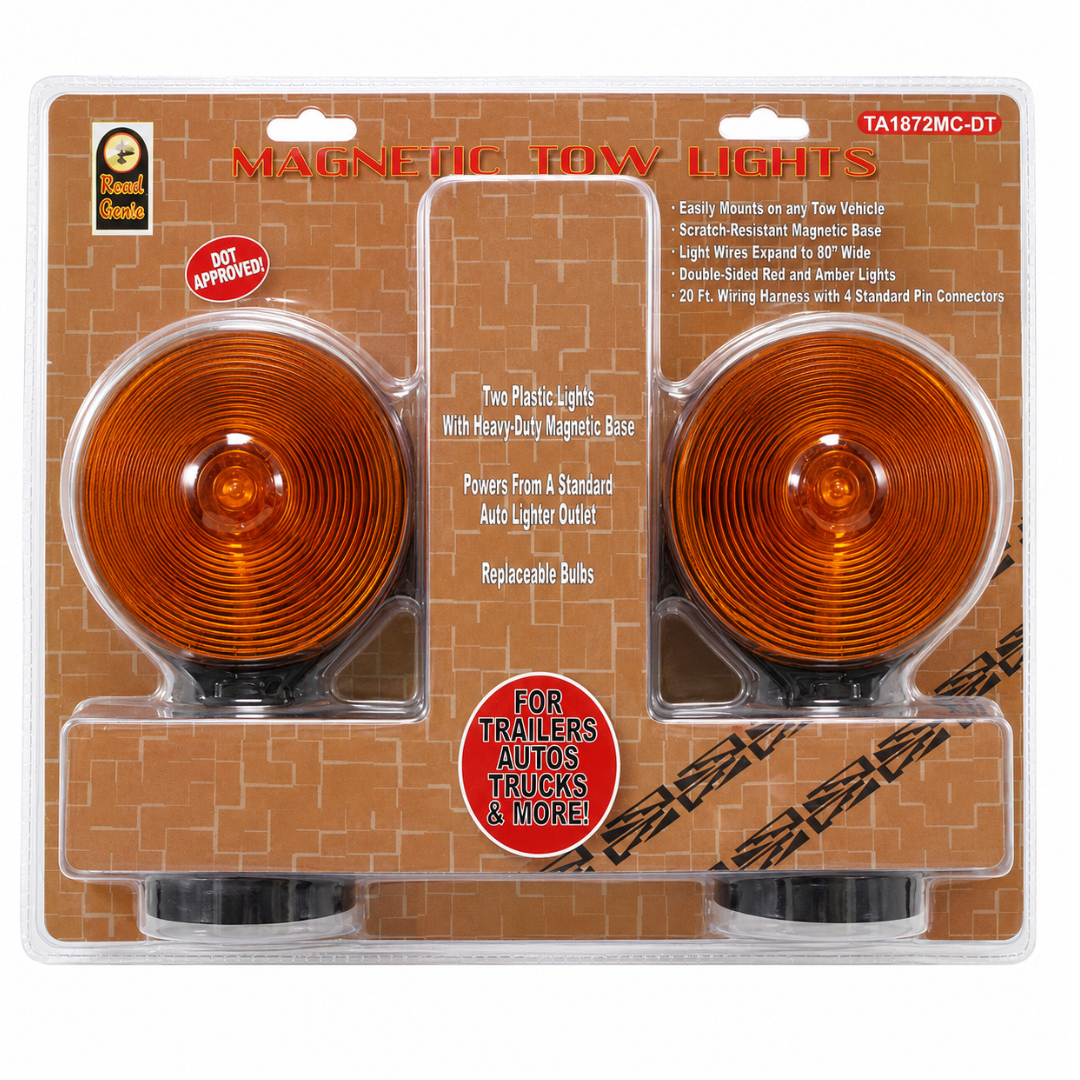 Road Genie DOT-Approved Magnetic Tow Lights – Red & Amber Double-Sided Towing Warning Light Set with 20-Foot Wiring Harness and 4-Pin Connector