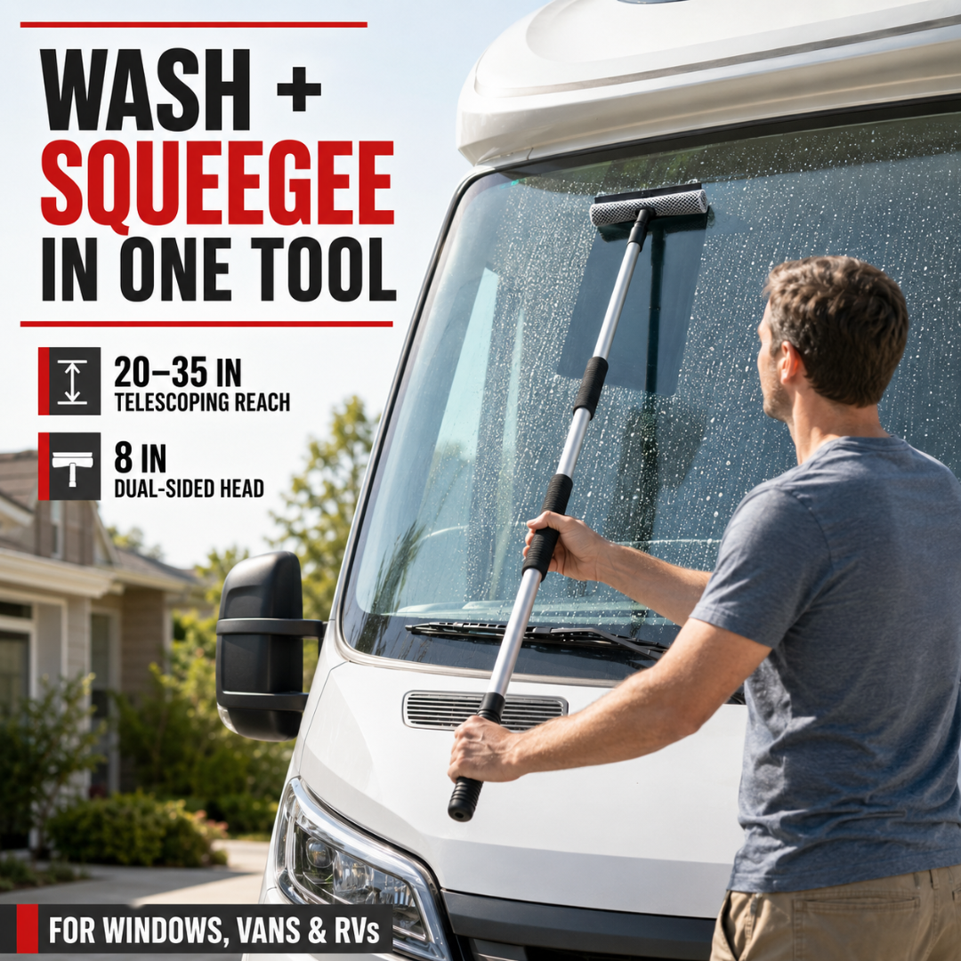 Long-Handled Window Squeegee, 20–35 Inch Telescoping Aluminum Pole, 8 Inch Dual-Sided Sponge Washer and Rubber Blade for Glass Doors, Windows, Vans and RVs