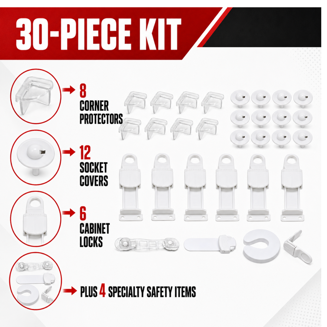 30-Piece Child Safety Kit for Home, Baby Proofing Set with Outlet Covers, Corner Protectors, Cabinet and Drawer Locks, Appliance Lock, Toilet Lock, Door Stopper and Multipurpose Latch
