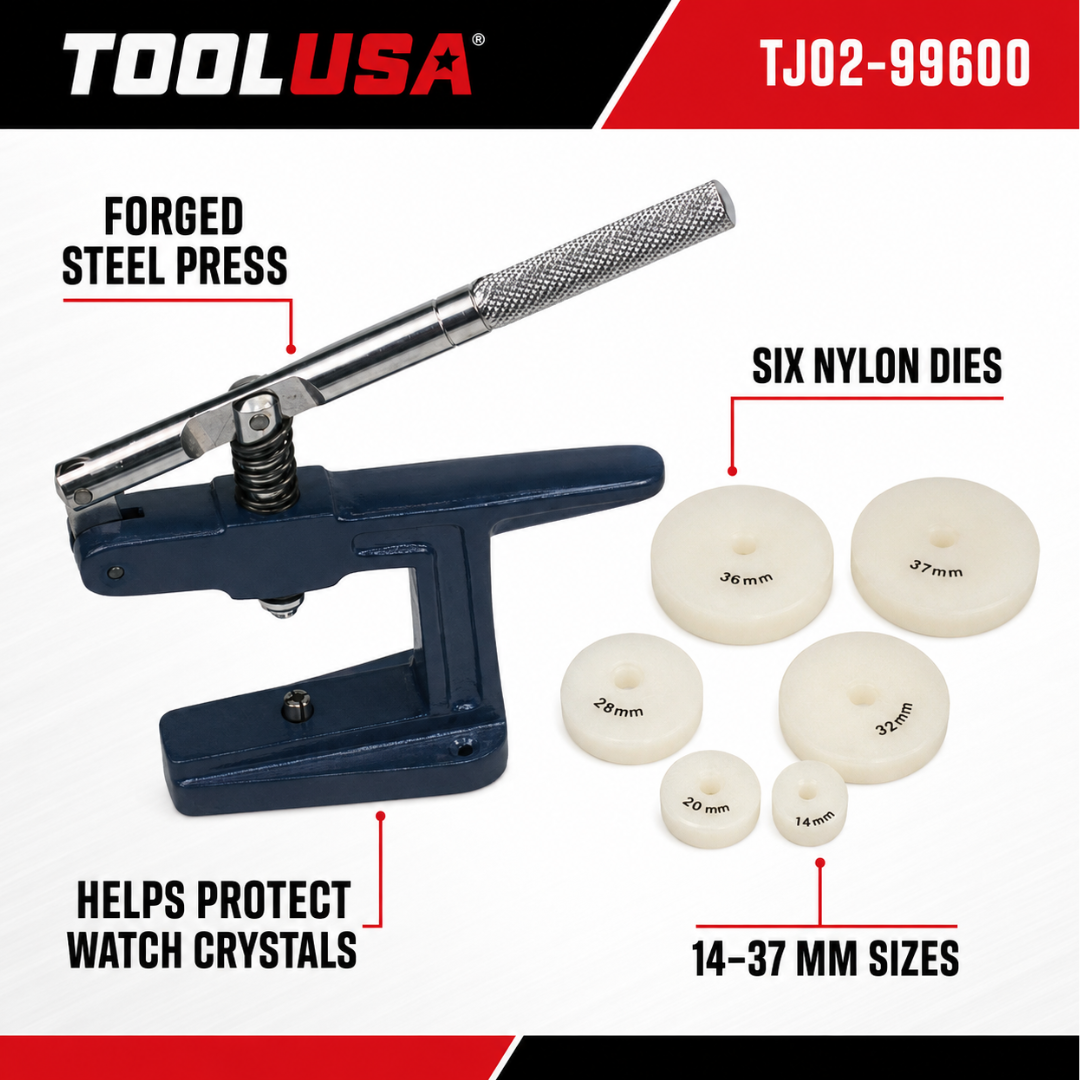 Professional Watch Press Tool with 6 Nylon Spacer Dies, 14mm to 37mm, Forged Steel Portable Watch Repair Press for Experienced Technicians