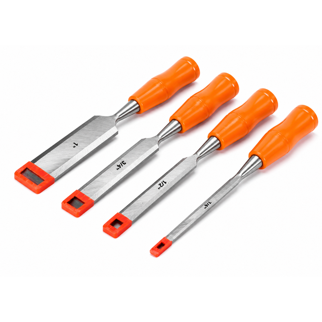4 Pc Wood Chisel Set – 1/4", 1/2", 3/4", 1" Cr-V Steel Woodworking Chisels with Comfort Grip Handles & Blade Guards – Carpentry, DIY & Professional Use