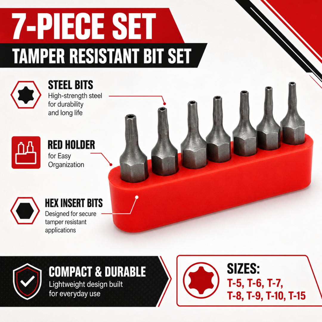 7-Piece Tamper Resistant Hex Insert Bit Set with Storage Rack, T5 T6 T7 T8 T9 T10 T15 Steel Security Driver Bits for Toolboxes, Repairs, Electronics & Specialty Fasteners