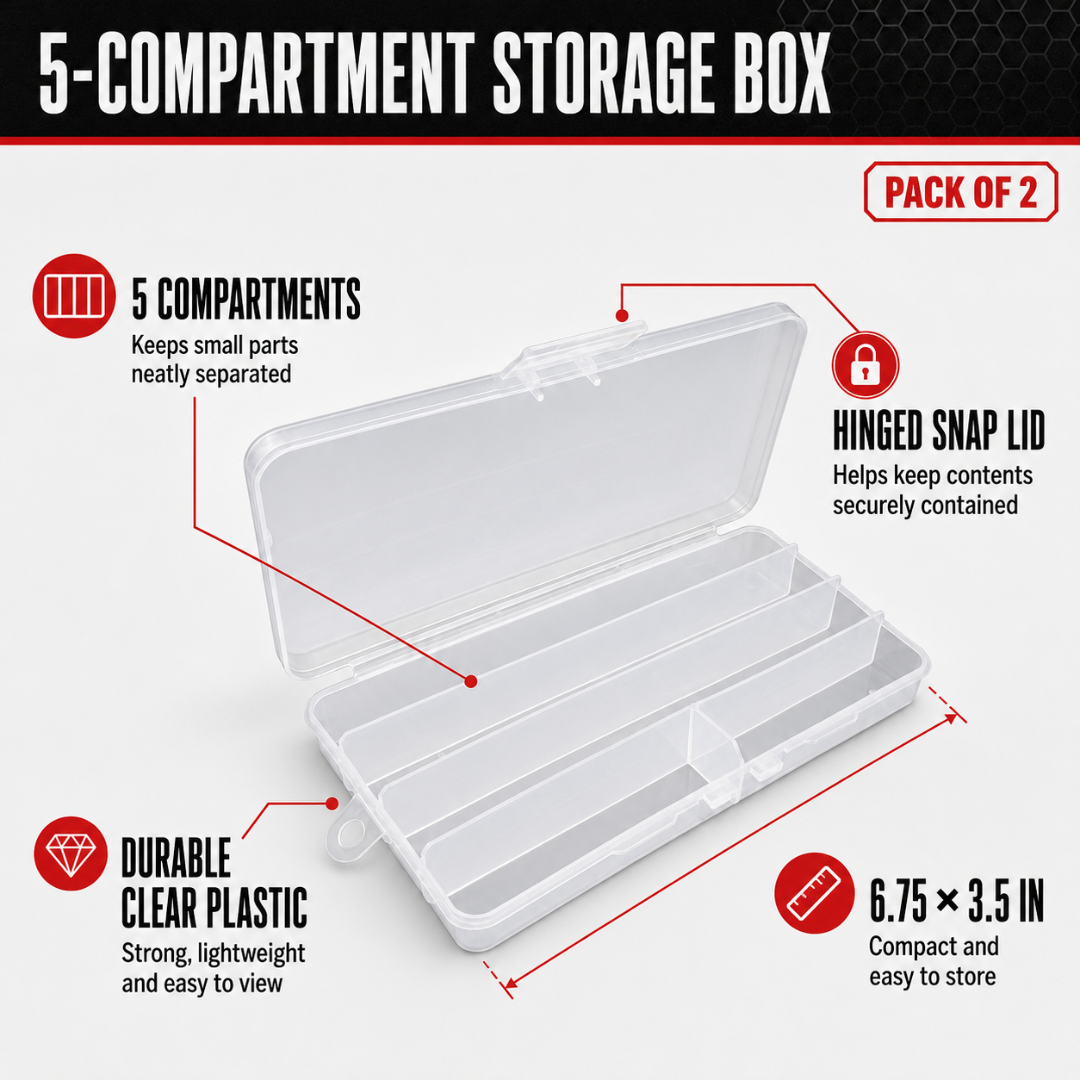 5-Compartment Plastic Organizer Box, Pack of 2, 6.75 x 3.5 Inch Frosted Clear Small Parts Case with Hinged Lid and Hanging Hook for Beads, Crafts, Sewing and Hardware