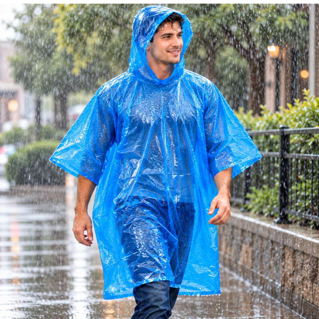 Adult Waterproof Rain Poncho with Hood – Blue Vinyl, Lightweight, Foldable & Compact, One Size Fits Most, Emergency Rain Gear for Camping, Travel, Festivals & Outdoor Activities
