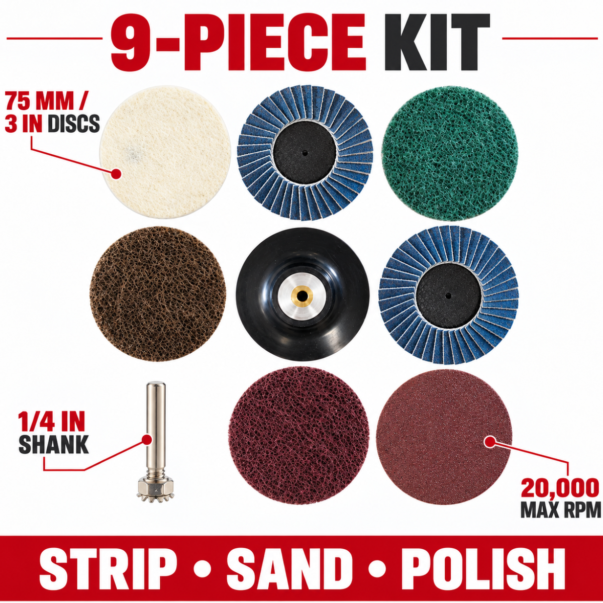 9 Piece 3" Cleaning, Sanding & Polishing Disc Set with 1/4" Shank – Surface Prep & Finishing Kit – TJ-18209