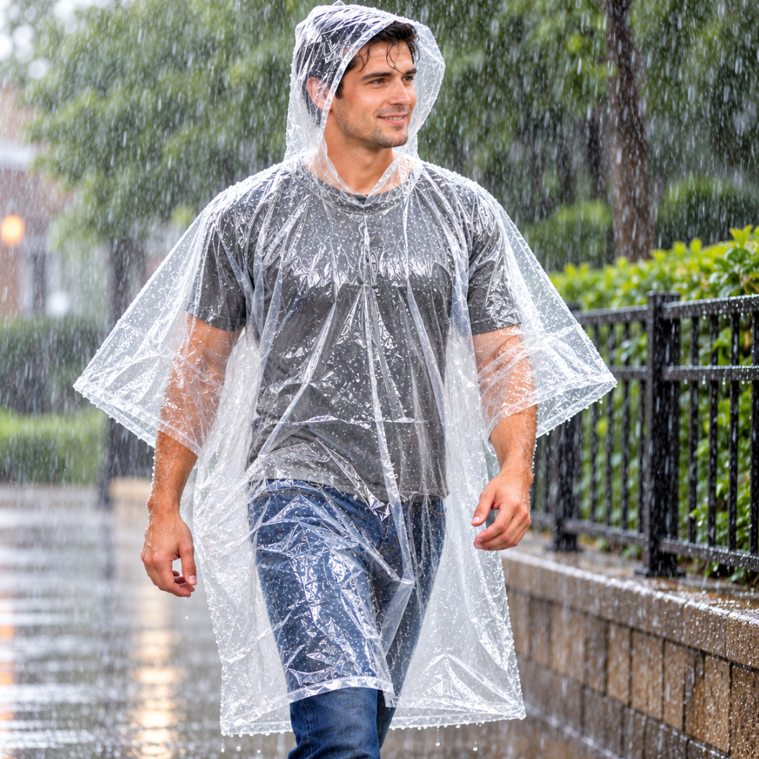 Adult Waterproof Rain Poncho with Hood – Clear Vinyl, Lightweight, Foldable & Compact, One Size Fits Most, Emergency Rain Gear for Camping, Travel, Festivals & Outdoor Activities