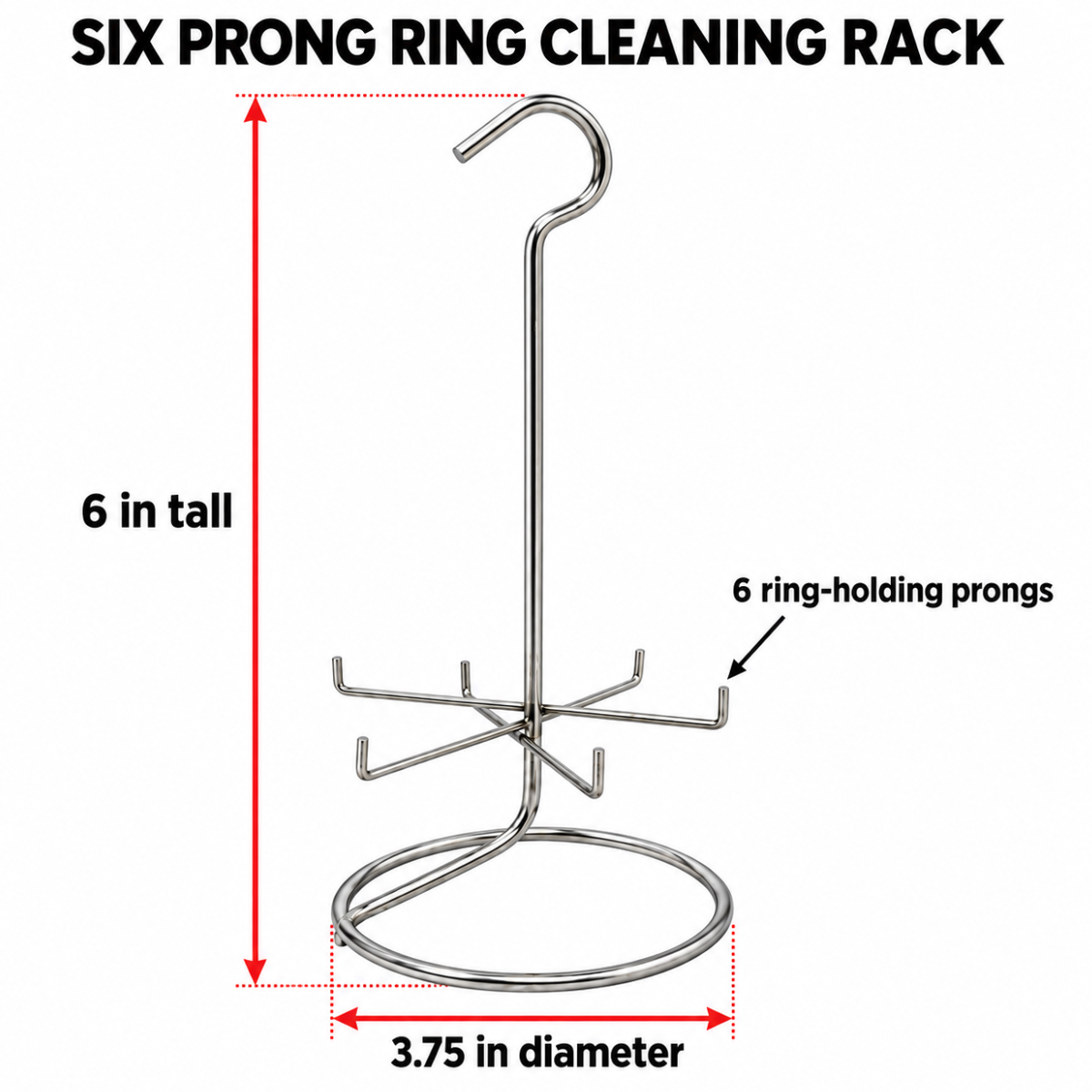 Steel Ring Cleaning Rack for Ultrasonic Cleaners, 6 Prongs, Hanging Hook, 6 Inches Tall, 3¾-Inch Base