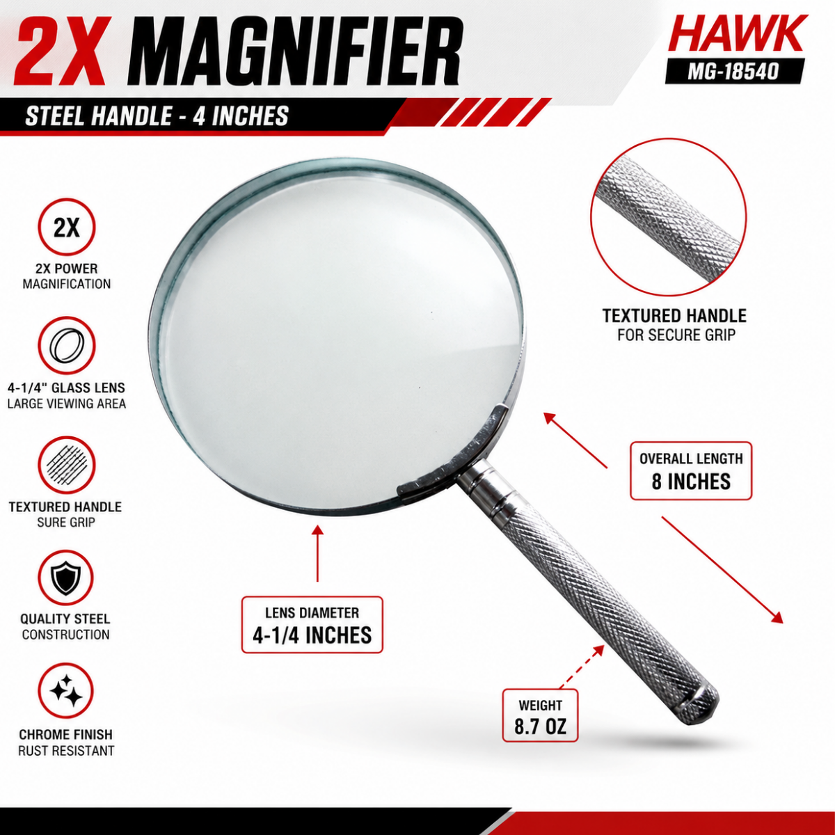 2X Handheld Magnifying Glass with 4-1/4" Glass Lens & Textured Steel Handle, Chrome Finish, Large Reading Magnifier for Books, Maps, Receipts & Hobbies – MG-18540