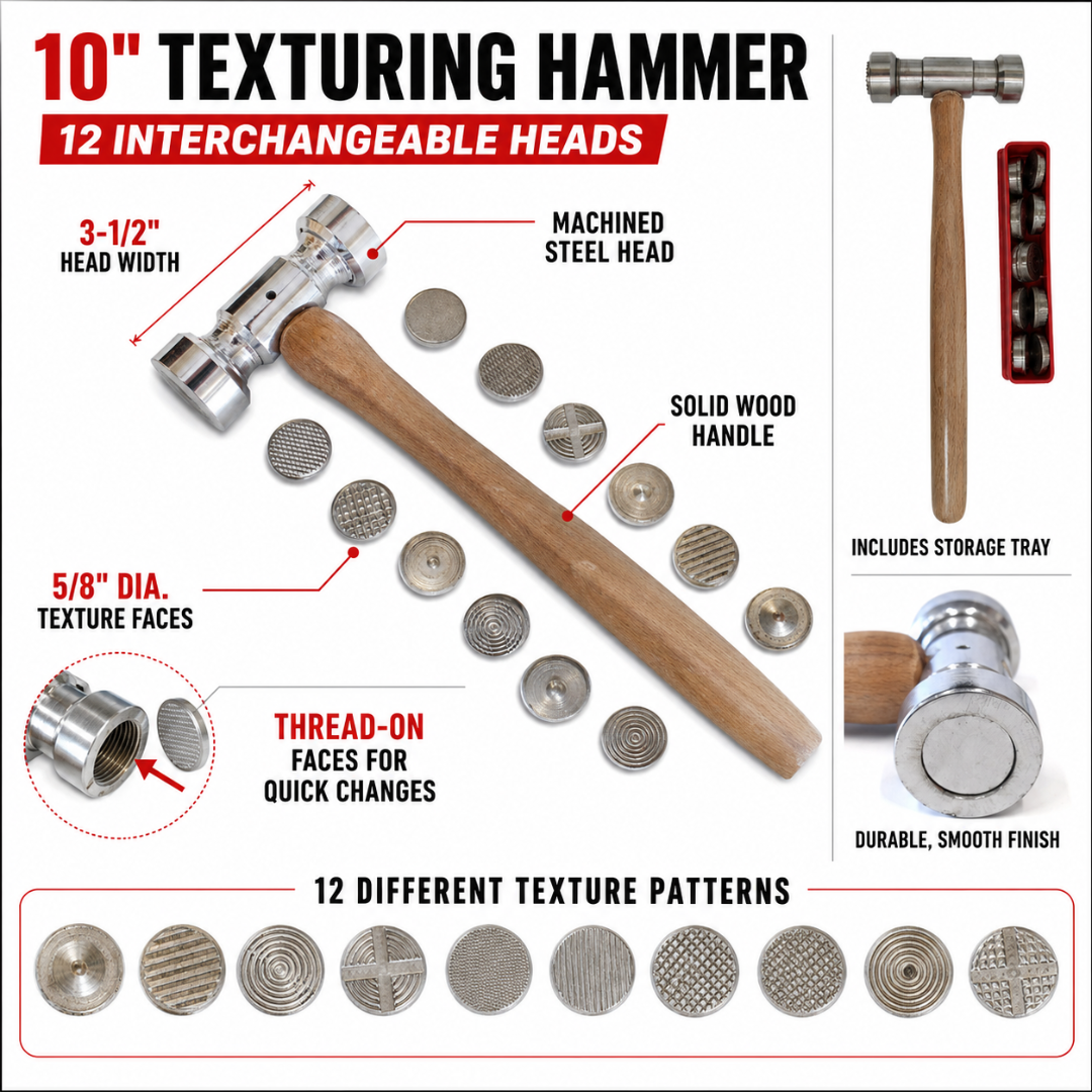 10 Inch Texturing Hammer with 12 Interchangeable Pattern Heads – Metal Stamping, Jewelry Making, Craft and Metalworking Hammer Set, PH-18408