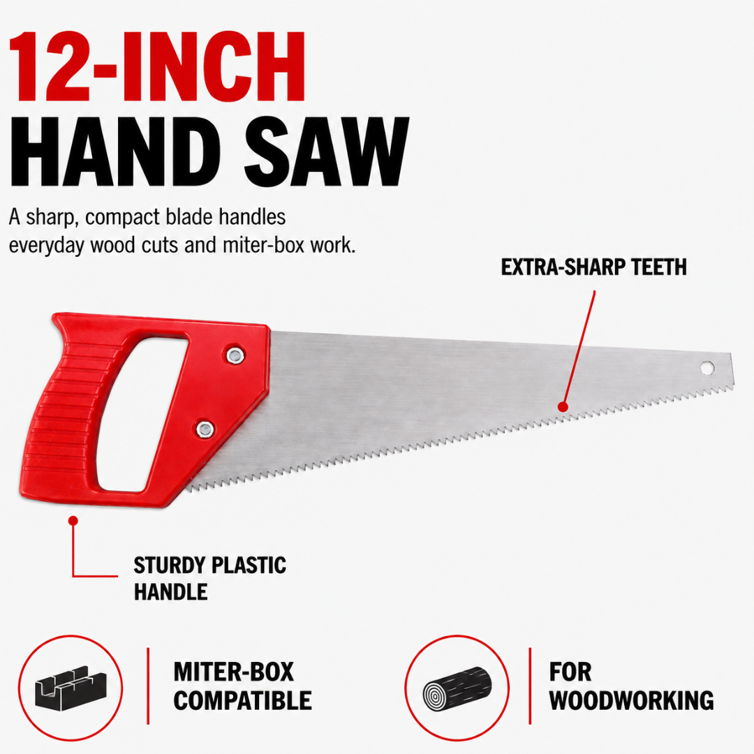 12-Inch Hand Saw with Sharp Blade and Lightweight Plastic Handle – Manual Woodworking Saw for Straight Cuts, DIY Projects and Miter Box Use