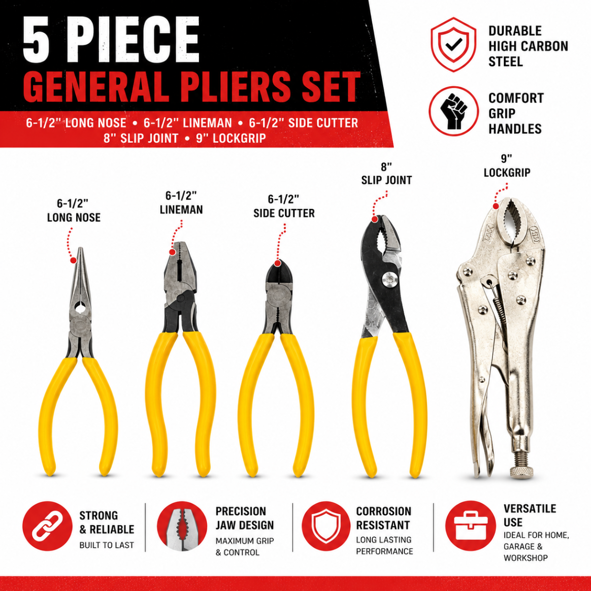 5-Piece General Purpose Pliers Set with Comfort Grip Handles – Long Nose, Side Cutting, Linesman, Slip Joint & Locking Pliers – TP-03705