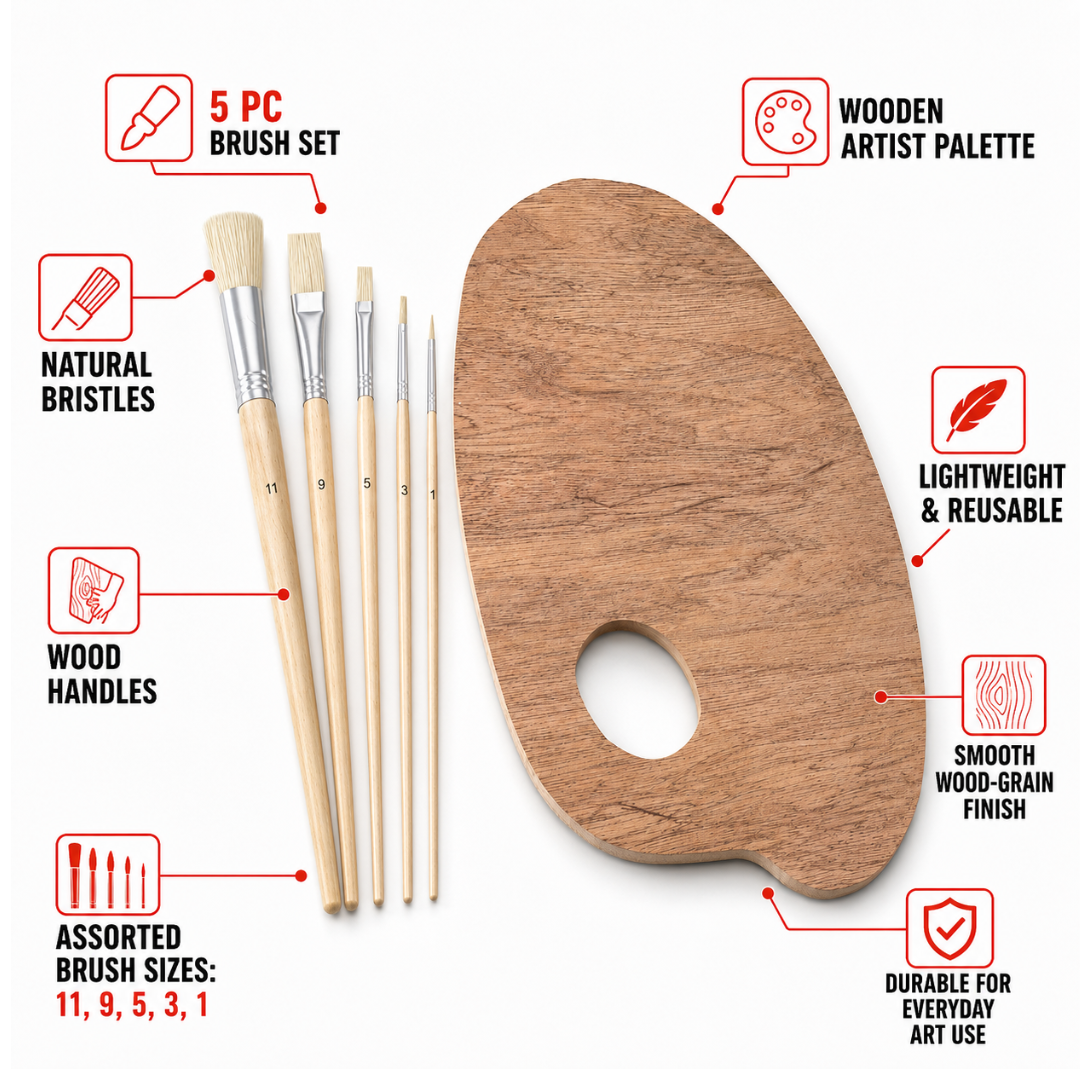 Professional Long-Handle Artist Paint Brush Set with 16 x 8 Inch Wooden Palette, 5-Piece Assorted Brushes for Acrylic, Oil and Watercolor Painting, Sizes 1, 3, 5, 9 and 11 – TZ63-00646