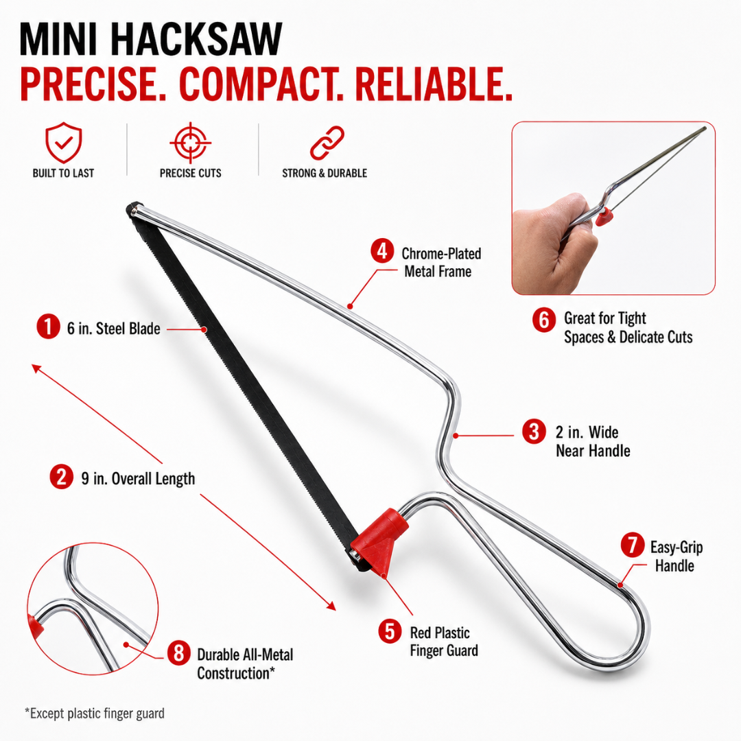 WEDGE 9 Inch Mini Hacksaw with 6 Inch Blade and Finger Guard – Small Metal Cutting Saw for Jewelry, Crafts, Hobby Work and Tight Spaces, TZ03-04800