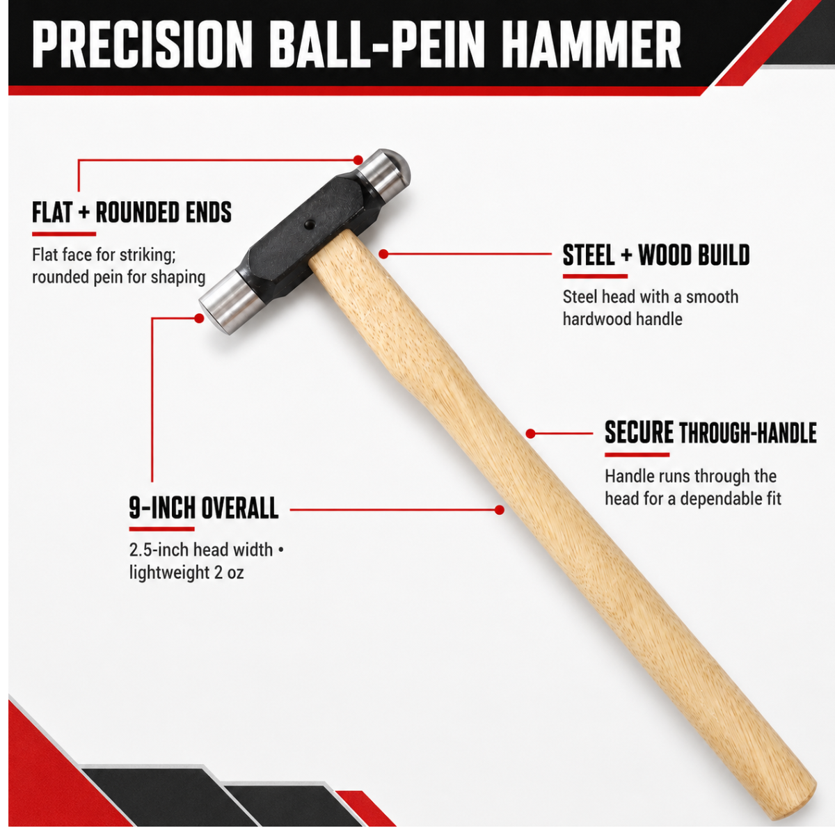1/2-Inch Mini Ball Peen Hammer with Flat and Rounded Heads, 2 oz Steel Head and Smooth Wooden Handle for Jewelry Making, Metal Shaping and Crafts – PH-00100