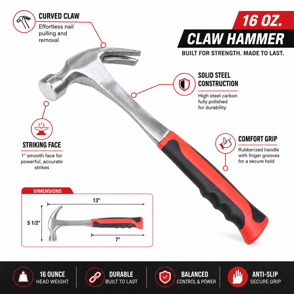 16 oz Claw Hammer with Comfort Grip Handle, Steel Polished Head, Shock Absorbing Non-Slip Grip, 13 Inch Framing & General Purpose Hammer – PH720-28
