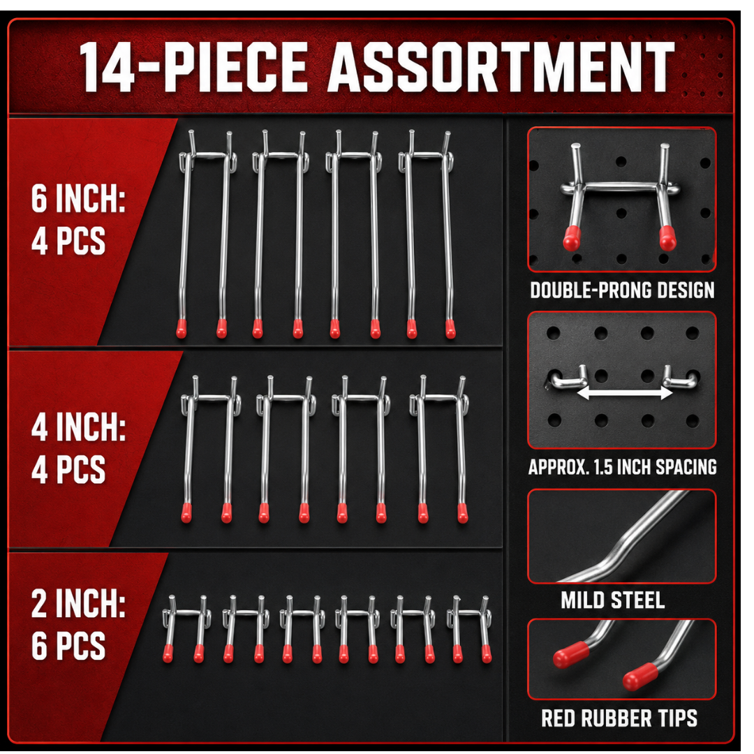 14-Piece Double-Prong Pegboard Hook Assortment, Durable Mild Steel Tool Organizer Hooks with Protective Red Tips, Includes 2, 4 and 6 Inch Hooks – KIT-WP2002-6