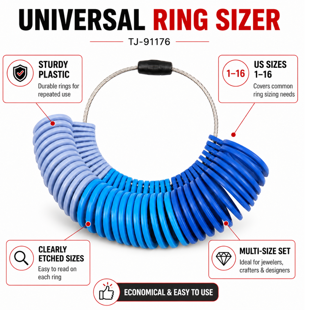 Universal Ring Sizer Set, US Sizes 1–16 & International Sizes, Sturdy Plastic Finger Measuring Gauges for Jewelers, Crafters & Jewelry Designers – TJ-91176
