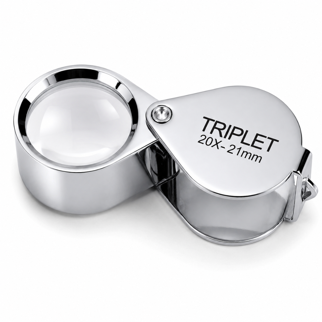 20X Triplet Jeweler’s Loupe Magnifier with Chrome Finish, 21mm Color-Correcting Glass Lens, Foldable Brass Pocket Loupe with Brown Leather Case for Jewelry, Gems, Watches & Appraisals
