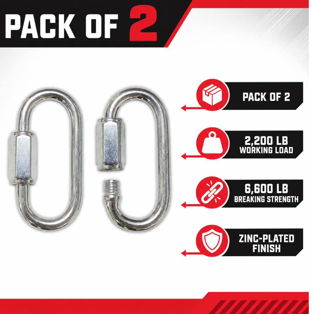 2-Pack 1/2 Inch Zinc-Plated Quick Links, Threaded Rigging Connectors, 2,200 lb Working Load Limit and 6,600 lb Breaking Strength for Secure Attachment