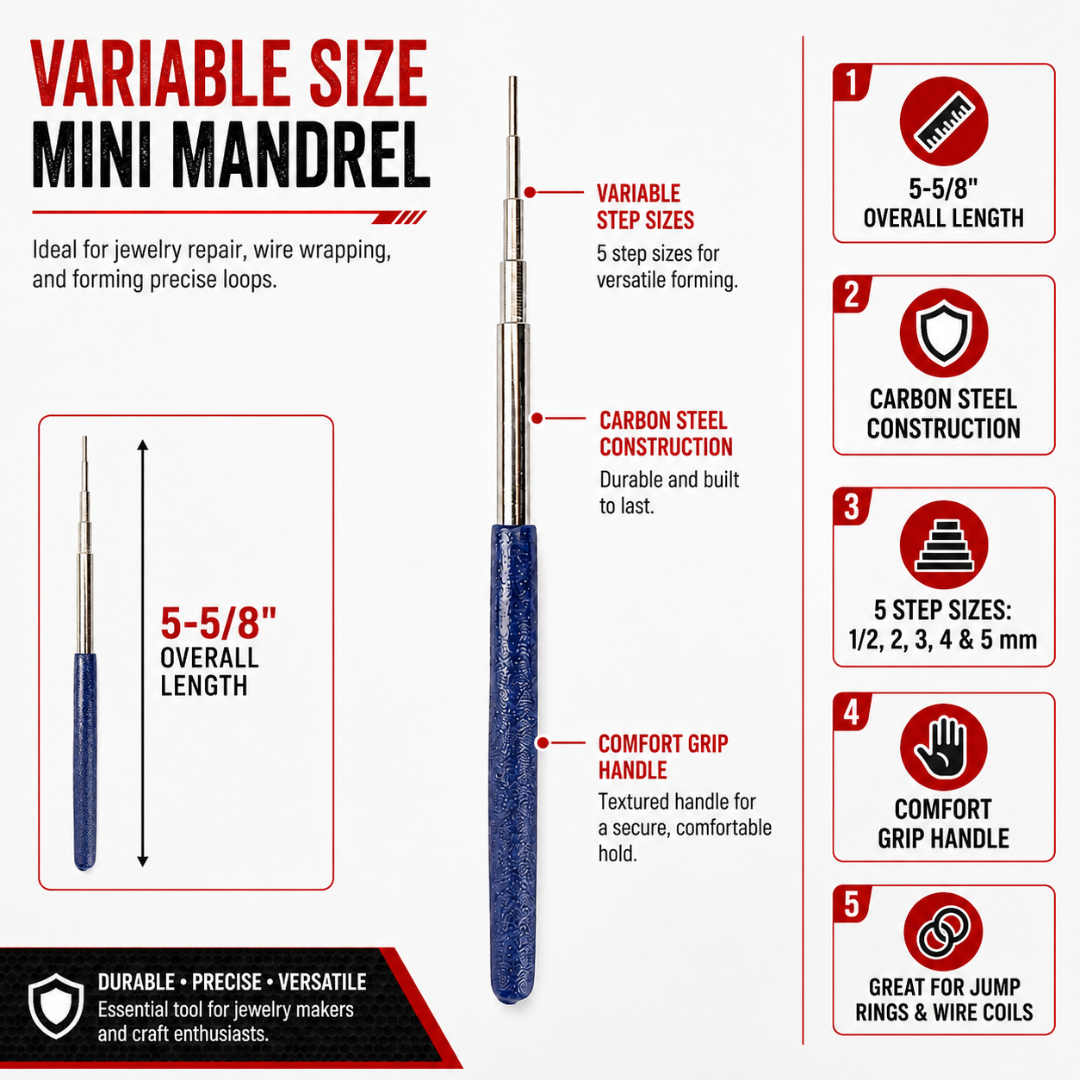 5.5 Inch Step Mandrel for Wire Bending, Carbon Steel Jewelry Mandrel with Comfort Grip Handle, 5 Sizes 0.5mm, 2mm, 3mm, 4mm, 5mm for Jump Rings, Wire Coils, Wire Wrapping & Jewelry Repair