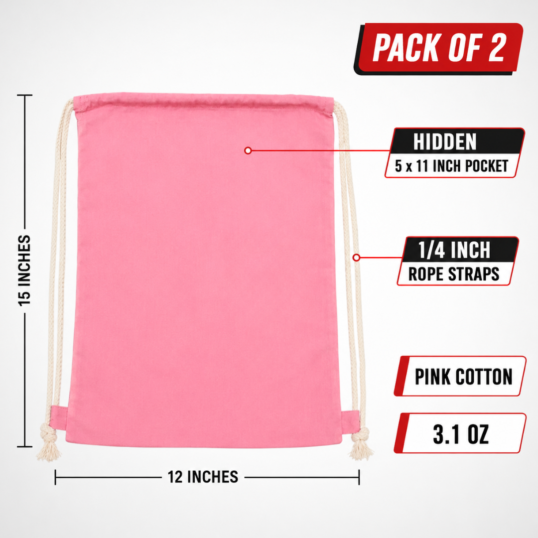 2-Pack Pink Cotton Casual Backpacks with White Rope Shoulder Straps and Hidden Interior Pocket, Lightweight 12 x 15 Inch Bags for Shopping and Everyday Use