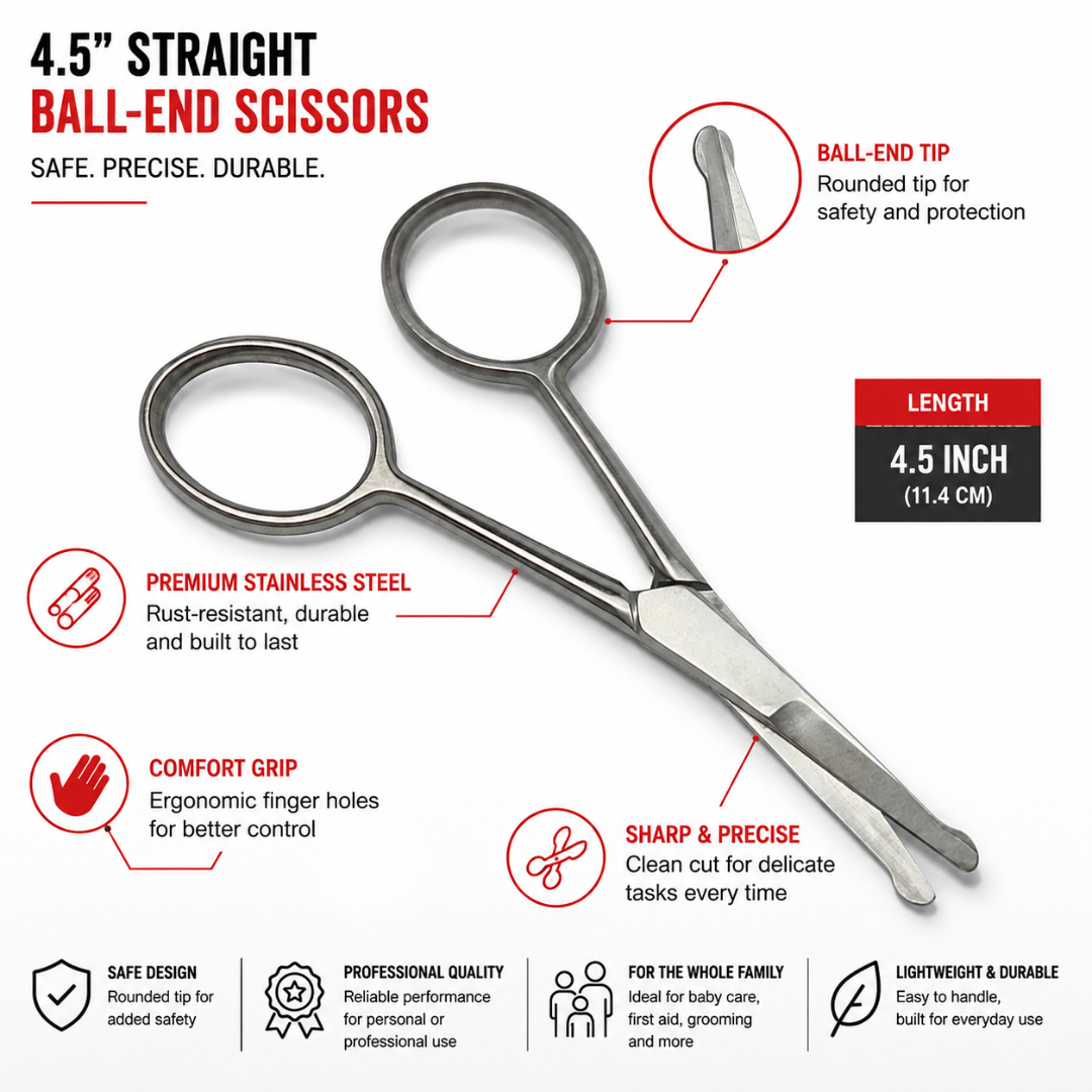 4.5 Inch Straight Ball End Safety Scissors, Pack of 2, Stainless Steel Rounded Tip Scissors for Baby Nails, Grooming, Trimming, Family Use & Delicate Skin Protection
