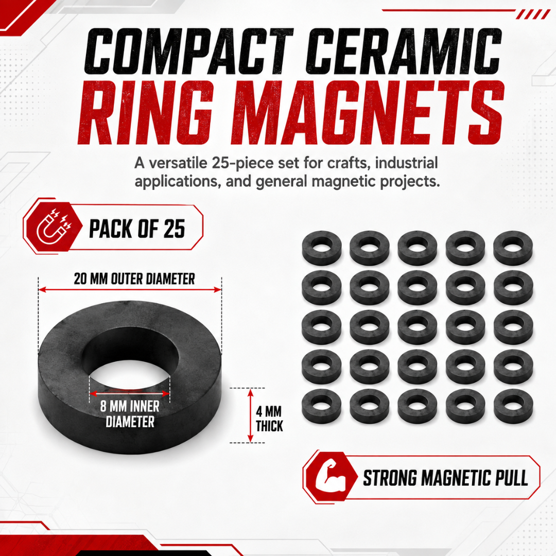25-Pack Ceramic Ring Magnets, 20 × 8 × 4 mm (3/4-Inch Outer Diameter), Black Magnets for Crafts and Industrial Applications