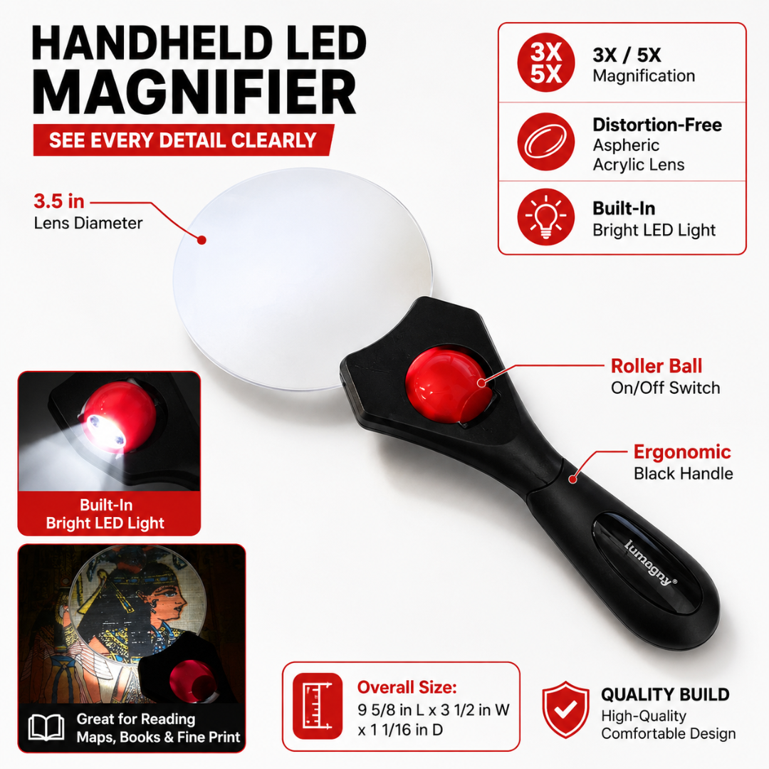 3X/5X 3.5 Inch Rimless Handheld Magnifier with LED Light, Black Ergonomic Handle, Acrylic Aspheric Lens, Roller Ball Light Switch, Illuminated Reading Magnifying Glass for Books, Maps, Hobbies