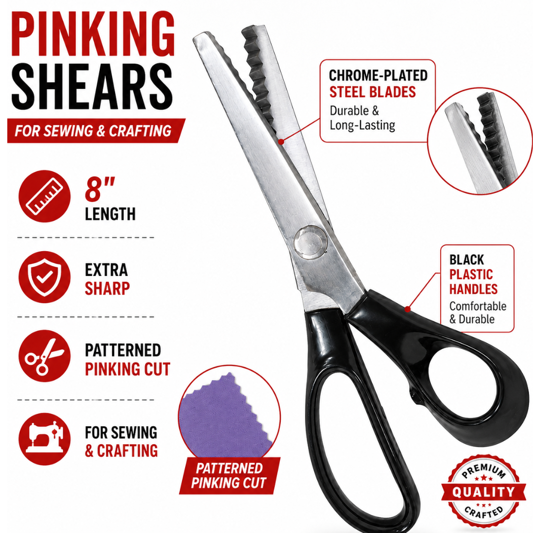 8-Inch Pinking Shears with Black Plastic Handles – Sharp Zigzag Fabric Scissors for Sewing, Crafting, Scrapbooking and Fray-Resistant Edges – SC-14099