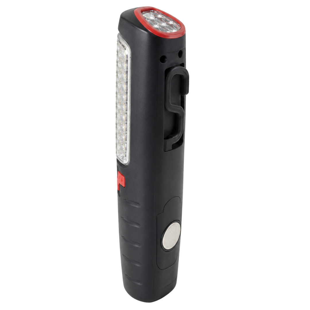 37 LED Magnetic Work Light with Hanging Hook – 8-Inch Portable Handheld Flashlight, 30-LED Front Panel & 7-LED Top Light, Battery Operated – LKCO-6928-FL
