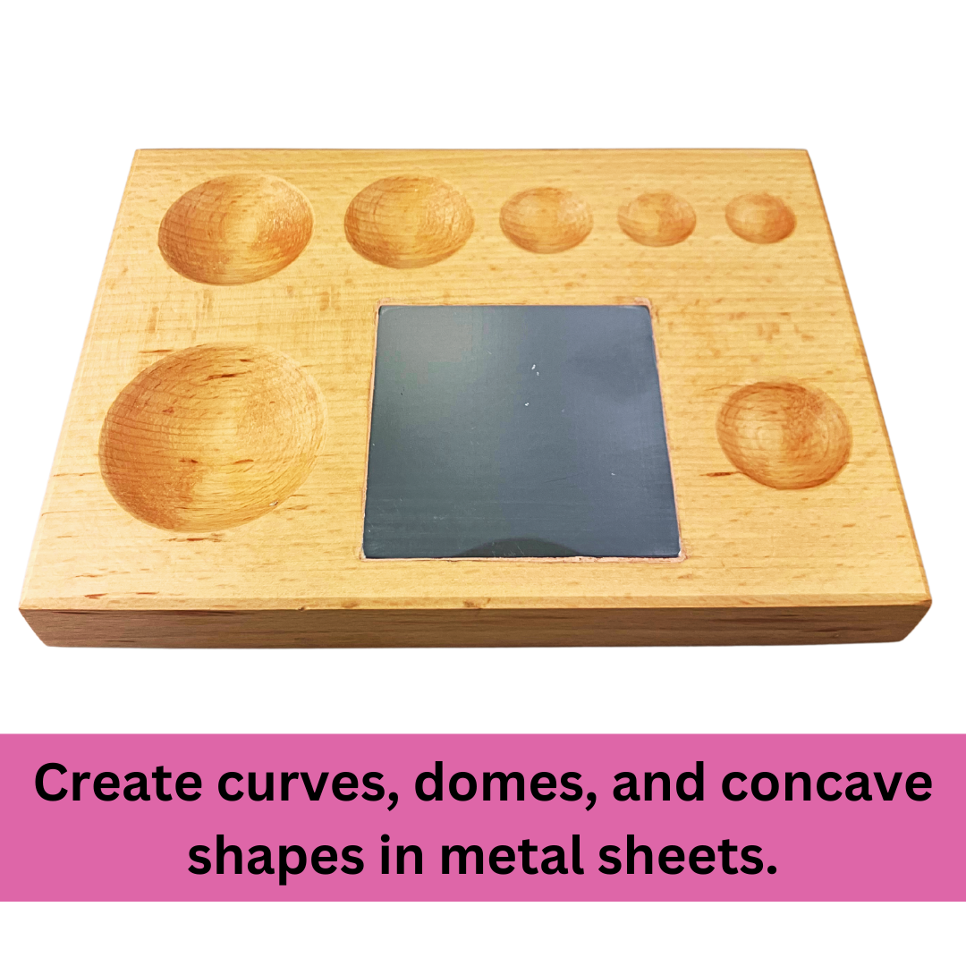 Wooden Dapping Block with 3" Steel Anvil Insert – 7 Half-Round Grooves (¾" to 2") for Metal Forming, Jewelry Making, and Craft Work