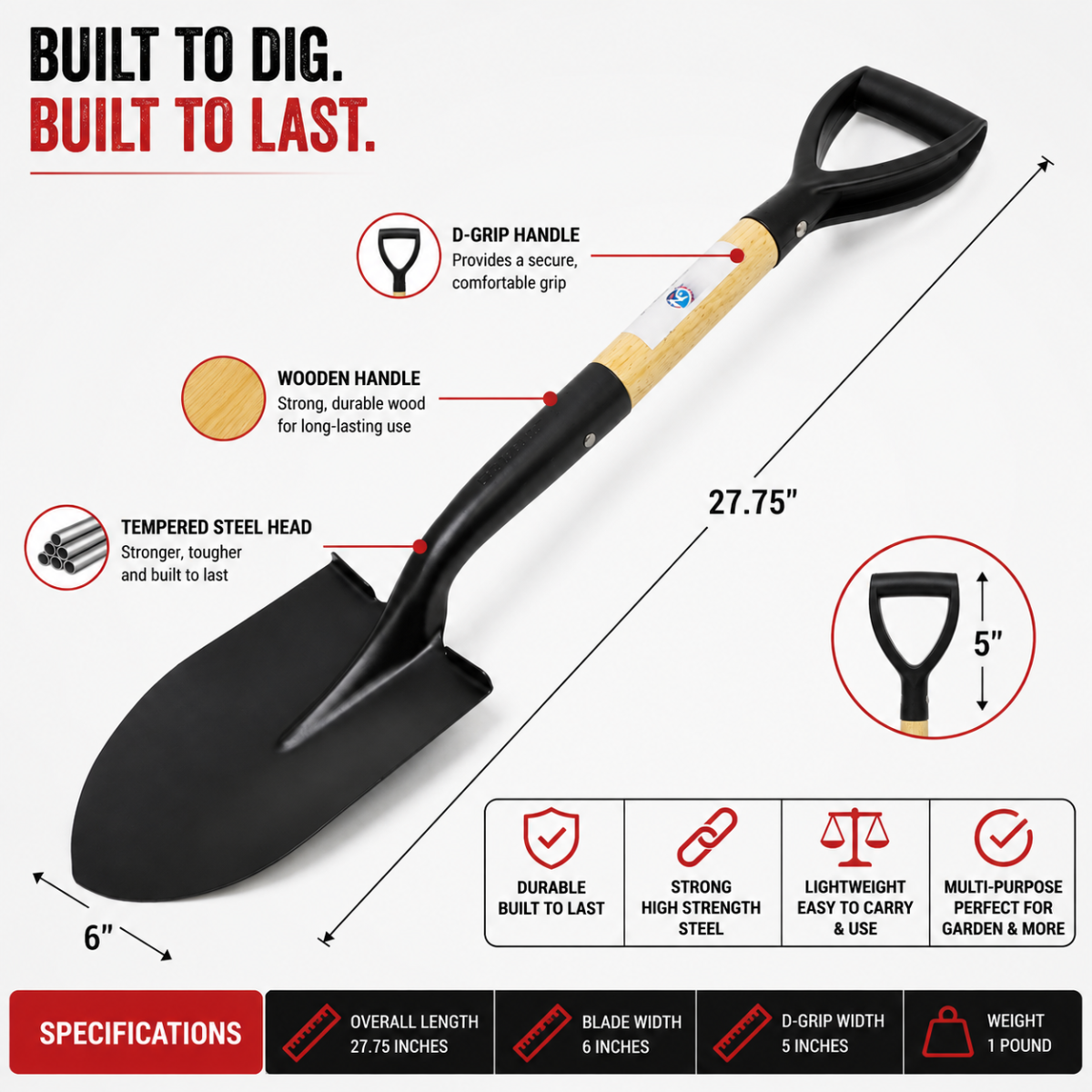 27.75 Inch Small Garden & Multi Purpose Shovel | Tempered Steel Head (TC730-MINI)  - TC730-MINI