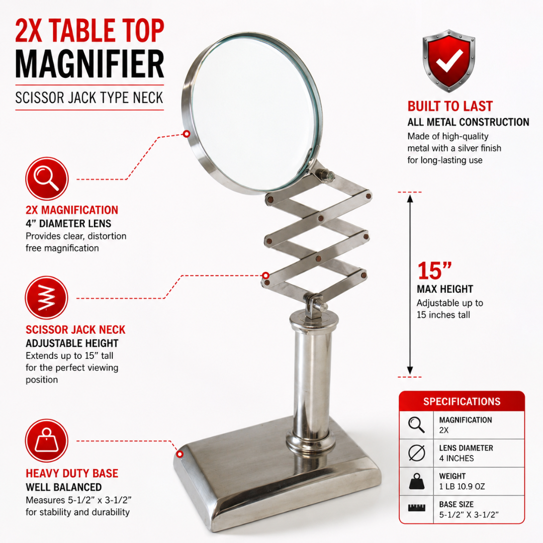 2X Table Top Magnifier with Scissor Jack Adjustable Neck – 4" Glass Lens, Metal Stand & Weighted Base – G8445-2190MH