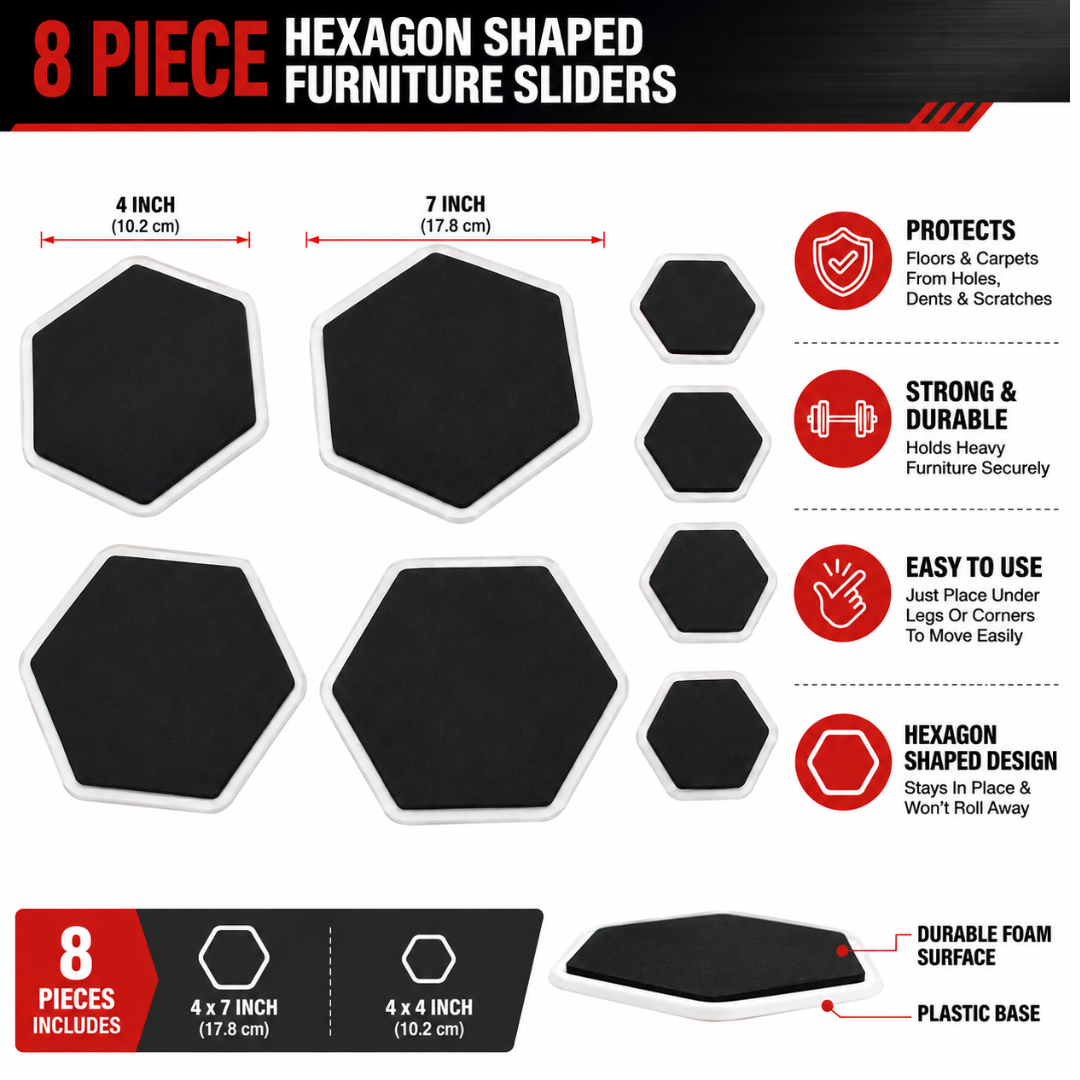 8 Piece Hexagon Furniture Sliders – 4 Large 7 Inch & 4 Small 4 Inch Furniture Moving Pads for Wood Floors & Carpet – Heavy Furniture & Appliance Floor Protectors