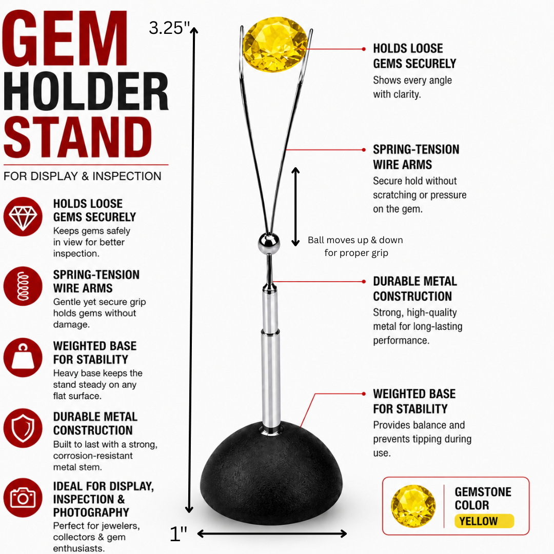 Adjustable Gem Holder Stand with Weighted Base, 3.25 Inch Metal Wire Display Stand for Loose Gemstones, Jewelry Inspection, Photography, Collectors & Jewelers