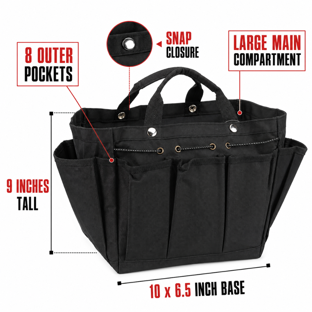 Black Nylon Garden Tool Tote Bag with 8 Exterior Pockets, Large Main Compartment and Snap Closure, 18 Inch Gardening Organizer