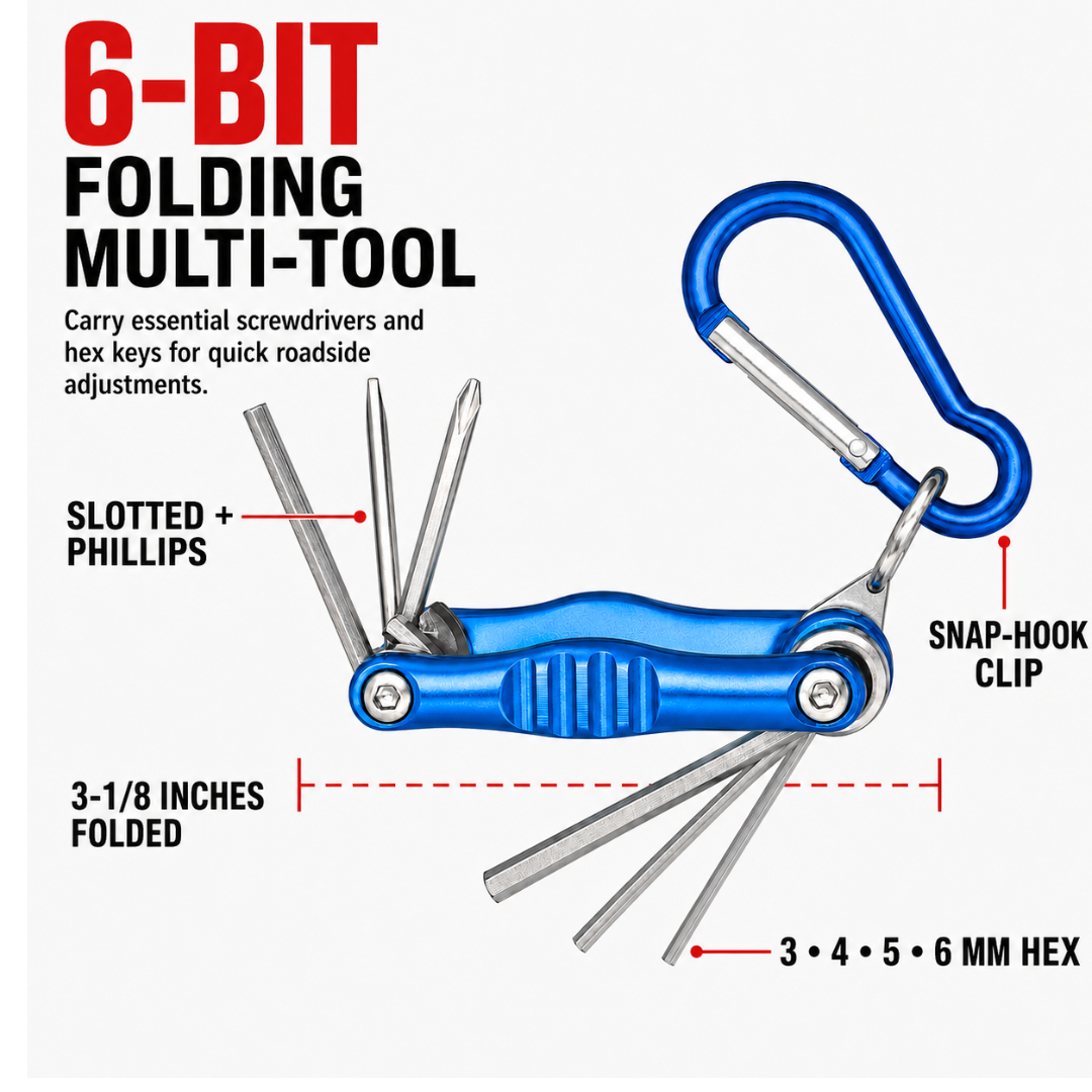 6-in-1 Folding Multi-Tool for Bicycles and Motorcycles – Phillips and Slotted Screwdrivers, 3, 4, 5 and 6 mm Hex Keys with Snap-Hook Key Ring – PS2012-TAI