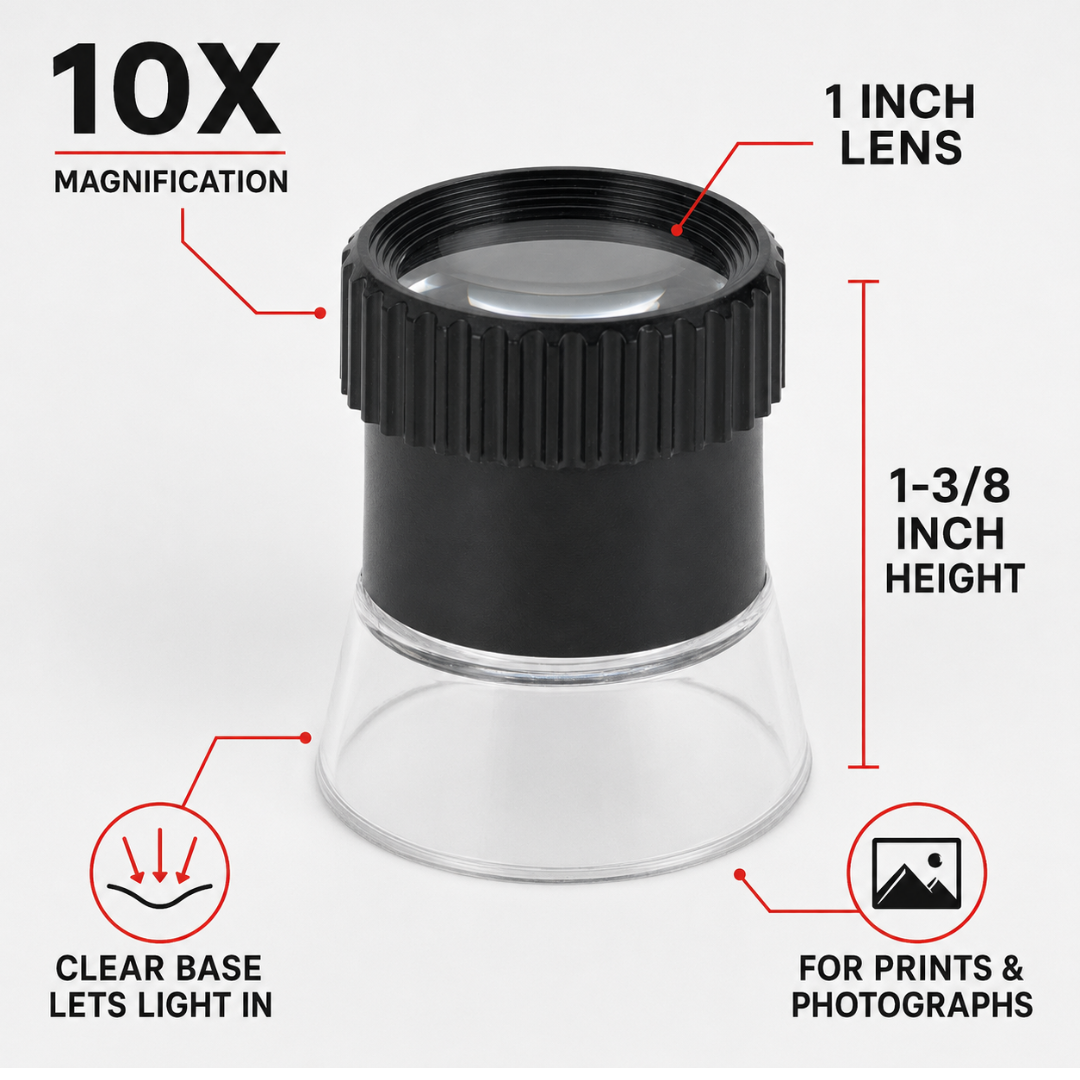 Printer’s Loupe, 10X Magnification with 1 Inch Lens and Clear Base, Inspection Magnifier for Prints, Photographs, Film and Negatives – MG-80960