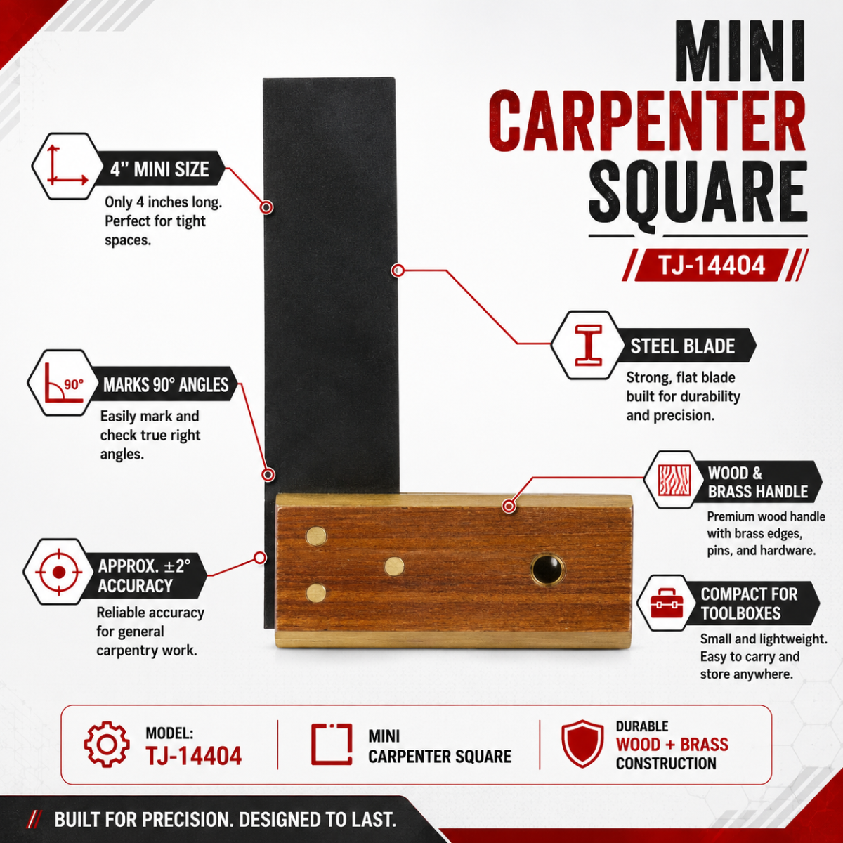 Mini Carpenter Try Square, 4-Inch Wood and Metal Right-Angle Marking Tool for Framing, Flooring, Paneling, Windows and General Carpentry – TJ-14404