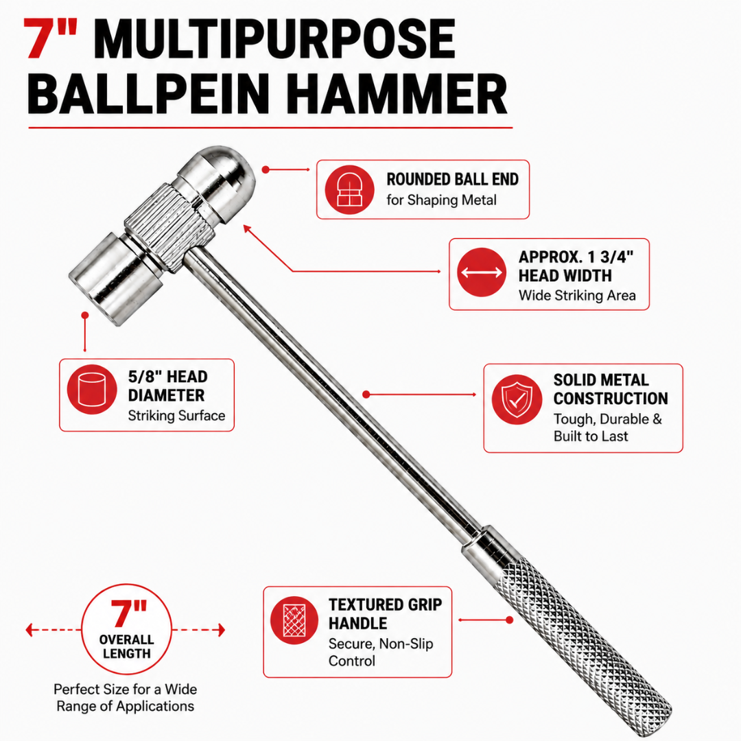 7 Inch Multipurpose Ball Peen Hammer, All-Metal Mini Hammer with 5/8 Inch Head, Textured Grip Handle, Compact Metalworking Hammer for Jewelry, Crafts, Repairs, and Tool Kits