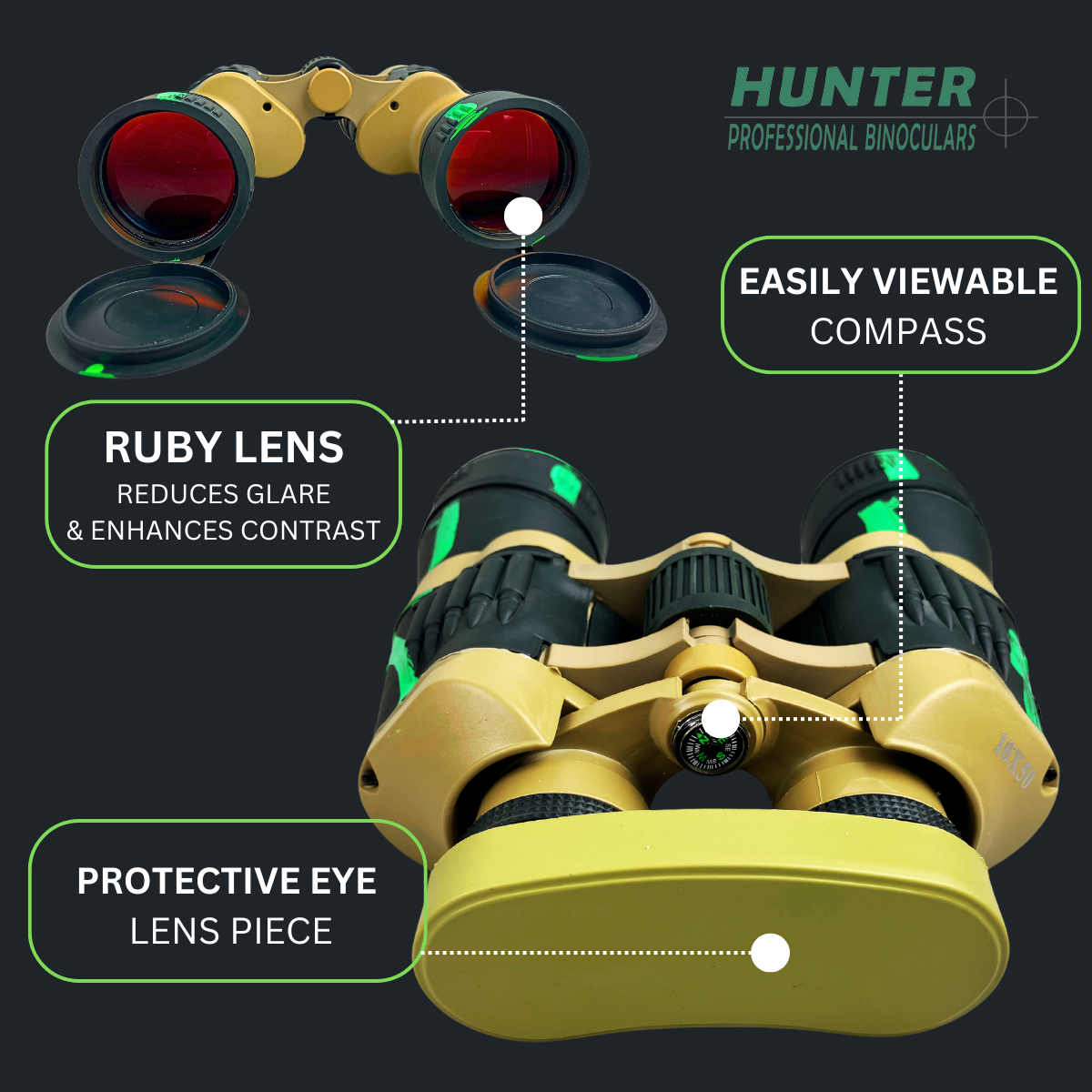 Green Camouflaged Body Amber Lens Binoculars with Mini Compass, 10x