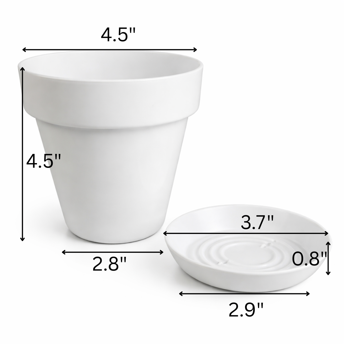 4.5 Inch Plastic Plant Pots with Drainage Holes & Saucers – White Flower Pots for Indoor Plants, Succulent & Herb Planters, Lightweight Modern Design – 7 Pack