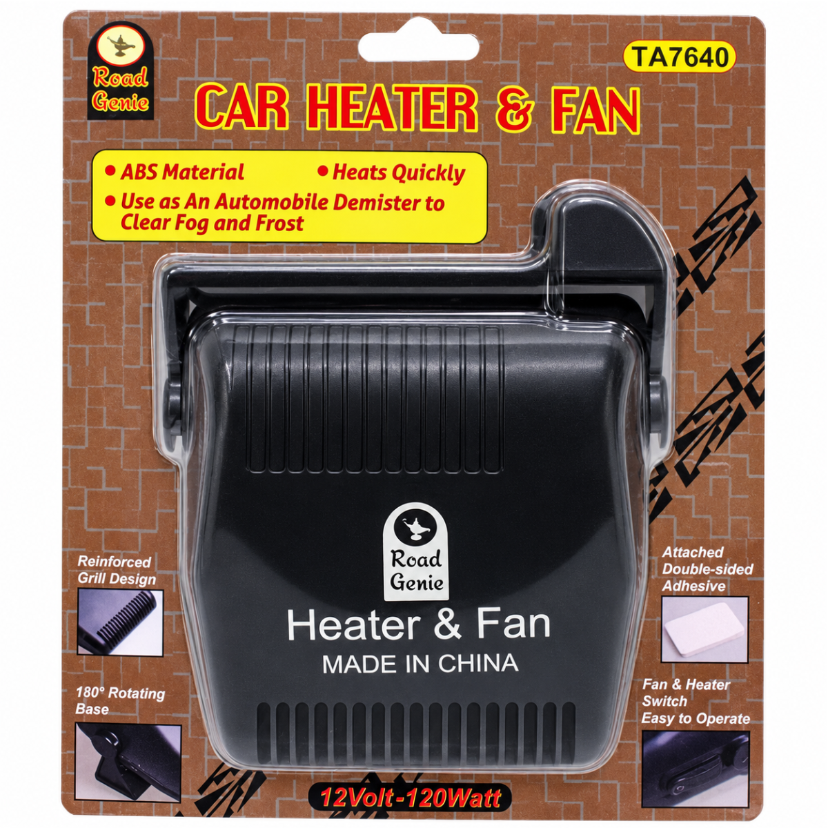 Road Genie 12V Car Heater & Fan, 120W Portable Automotive Windshield Defroster with Heat/Fan Settings, Adjustable Mounting Bracket and Cigarette-Lighter Plug, 6 x 5 x 2 Inches
