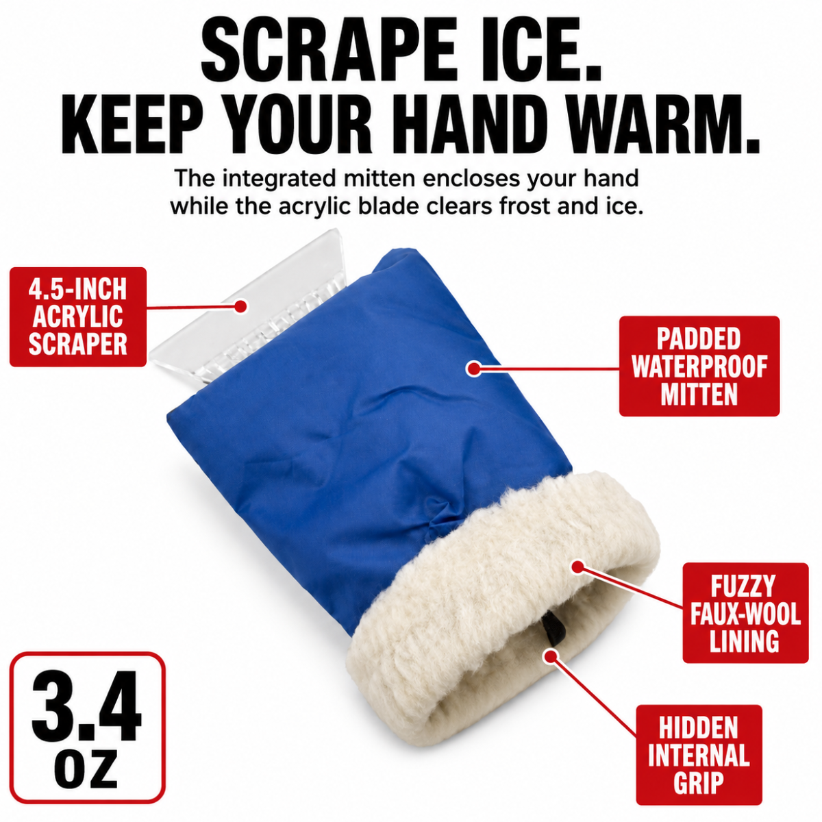 4.5-Inch Acrylic Ice & Snow Automotive Scraper with Warm Mitten Glove - TA-81300