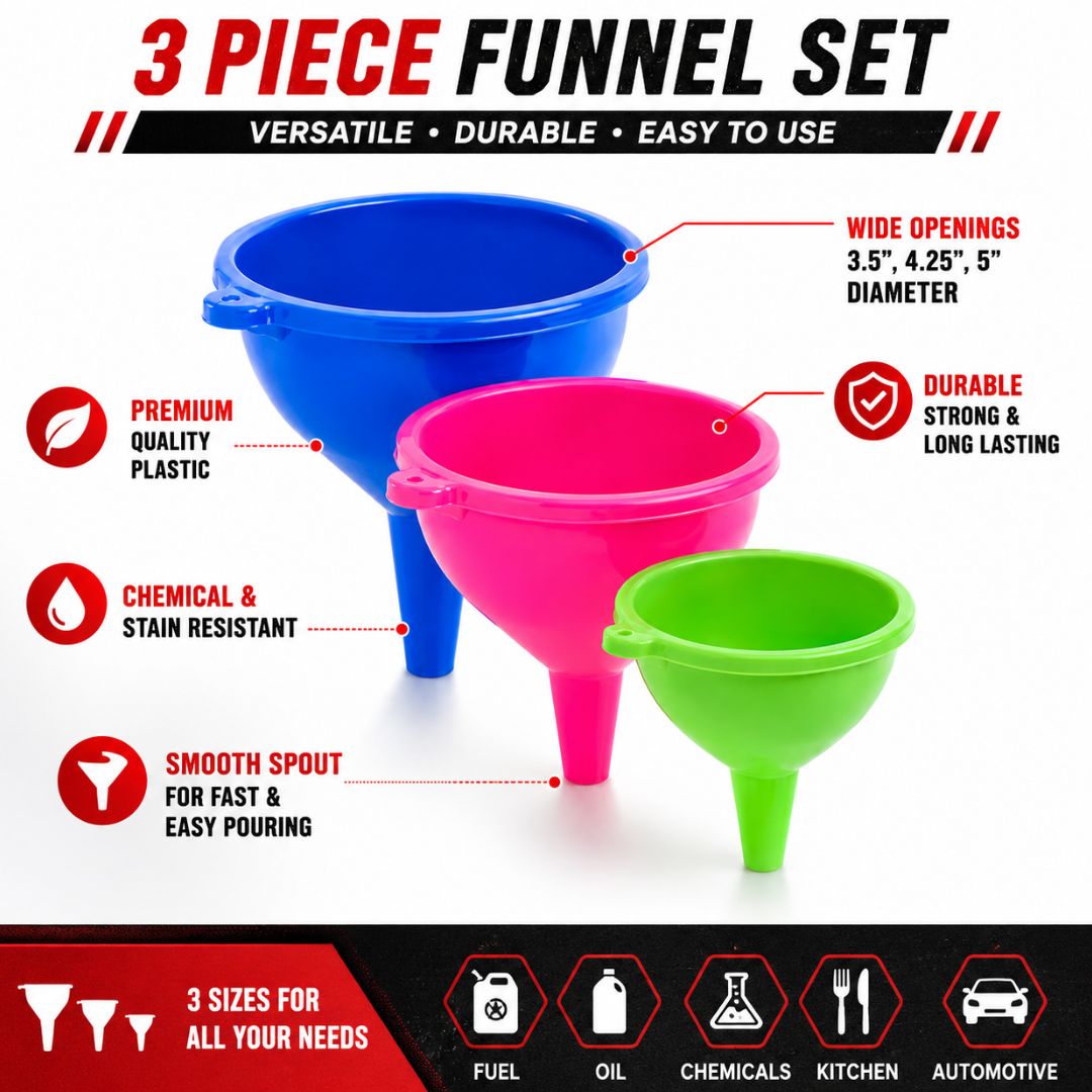 3-Piece Plastic Funnel Set – 3.5", 4.25" & 5" Wide Mouth Funnels – Durable Multi-Size Funnels for Oil, Automotive Fluids, Garage, Workshop & Household Use