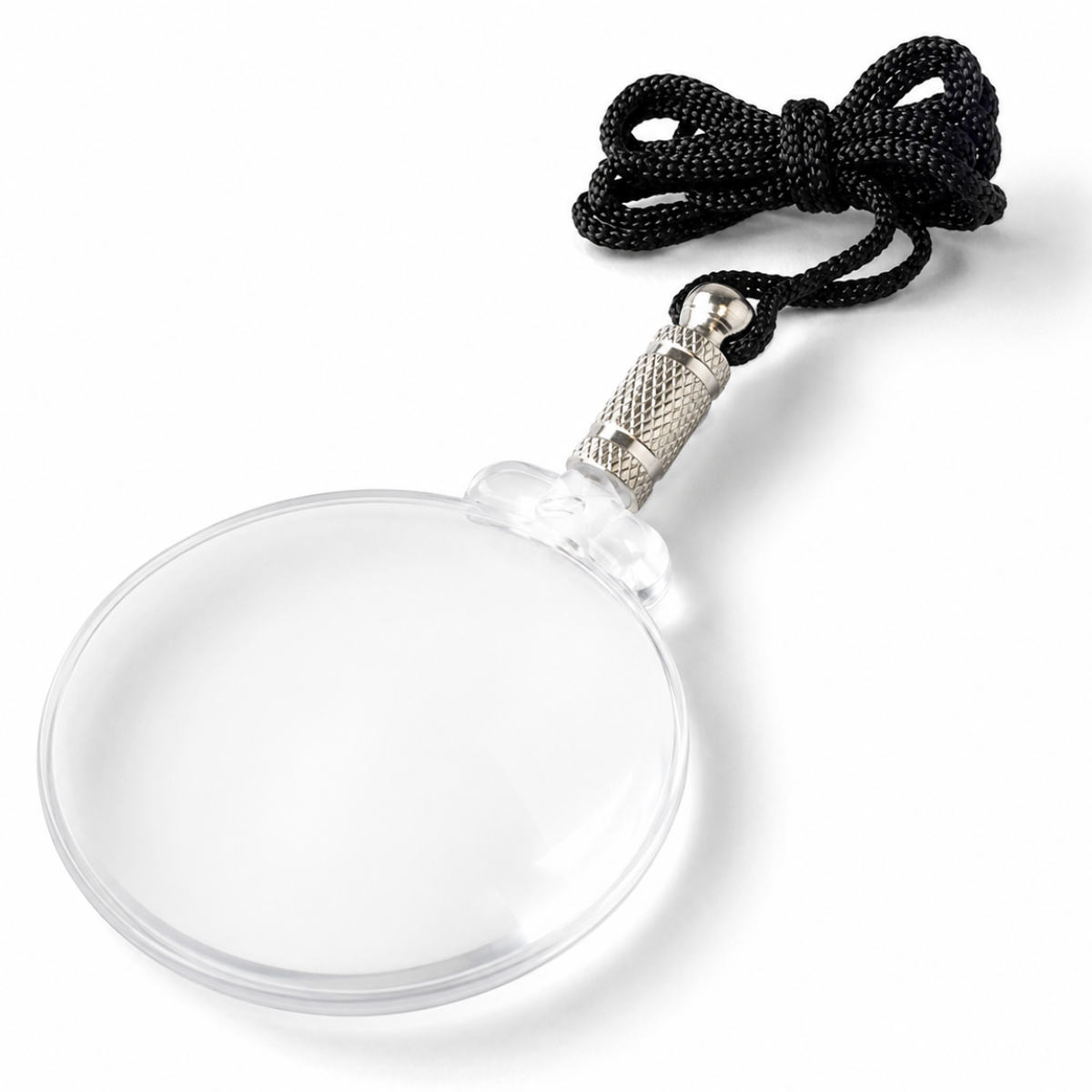 Rimless, 2.5" Acrylic Neck Worn 2X Magnifier With Metal Handle And Nylon Lanyard Attached  - MG-90112