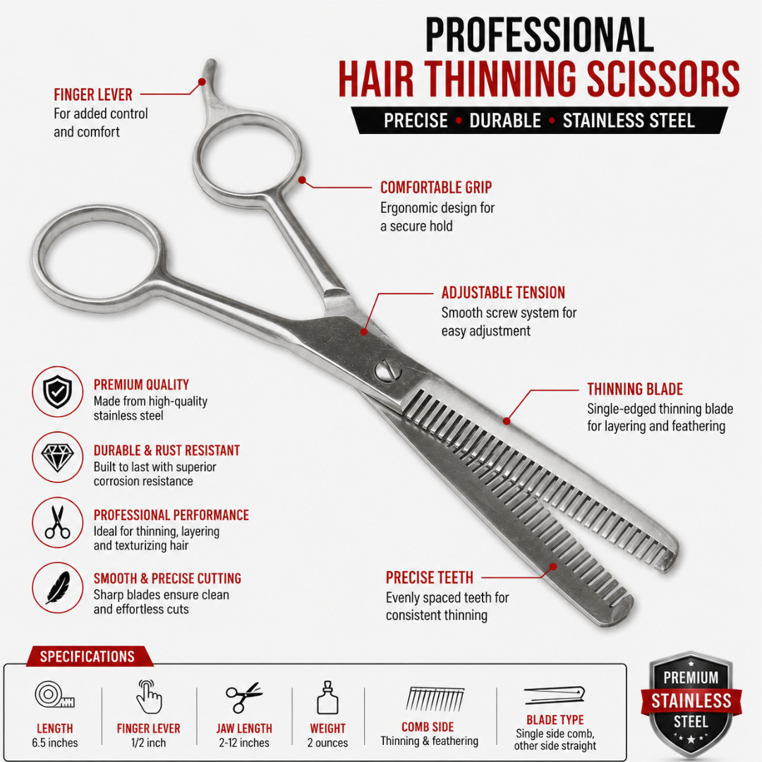 6.5 Inch Hair Thinning Scissors, Stainless Steel Texturizing Shears for Layering, Feathering & Trimming Hair, Single-Sided Thinning Blade with Vinyl Pouch, Pack of 2